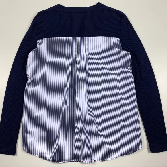 Sandro Paris Ribbed Stretch Knit Striped Shirt Back Tunic Top Blue Size 2 - Picture 2 of 5